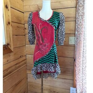 Patchwork Mixed Media Tunic Dress Womens Medium Red Leopard Rising International